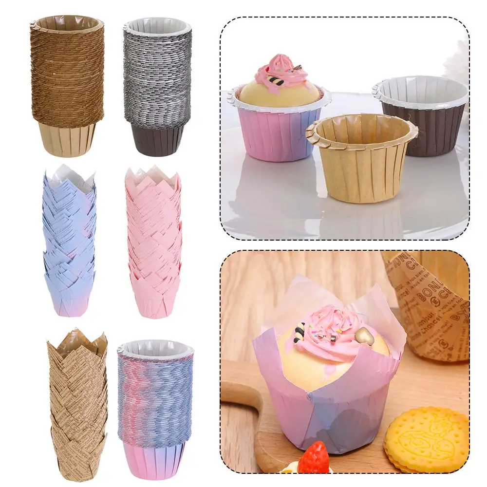 

50pcs DIY Bakeware Party Supplies Cake Tray Greaseproof Paper Cupcake Liners Cake Muffin Cups Tulip Baking Cup