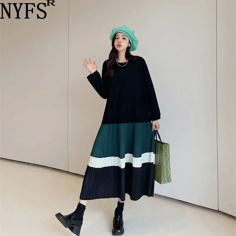 

NYFS 2023 Autumn New Korea Woman Dress Vestidos Robe Femme Elbise Cotton Loose Plus Size Paneled Color-Block Pleats Long Dresses