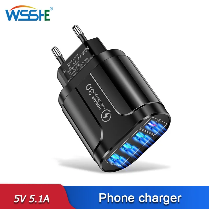 

5V 5.1A Fast Charger LED Lighting USB Charging 4 Port Mobile Phone Adapters For Iphone 11 12 13 Pro Max Samsung Xiaomi Apple