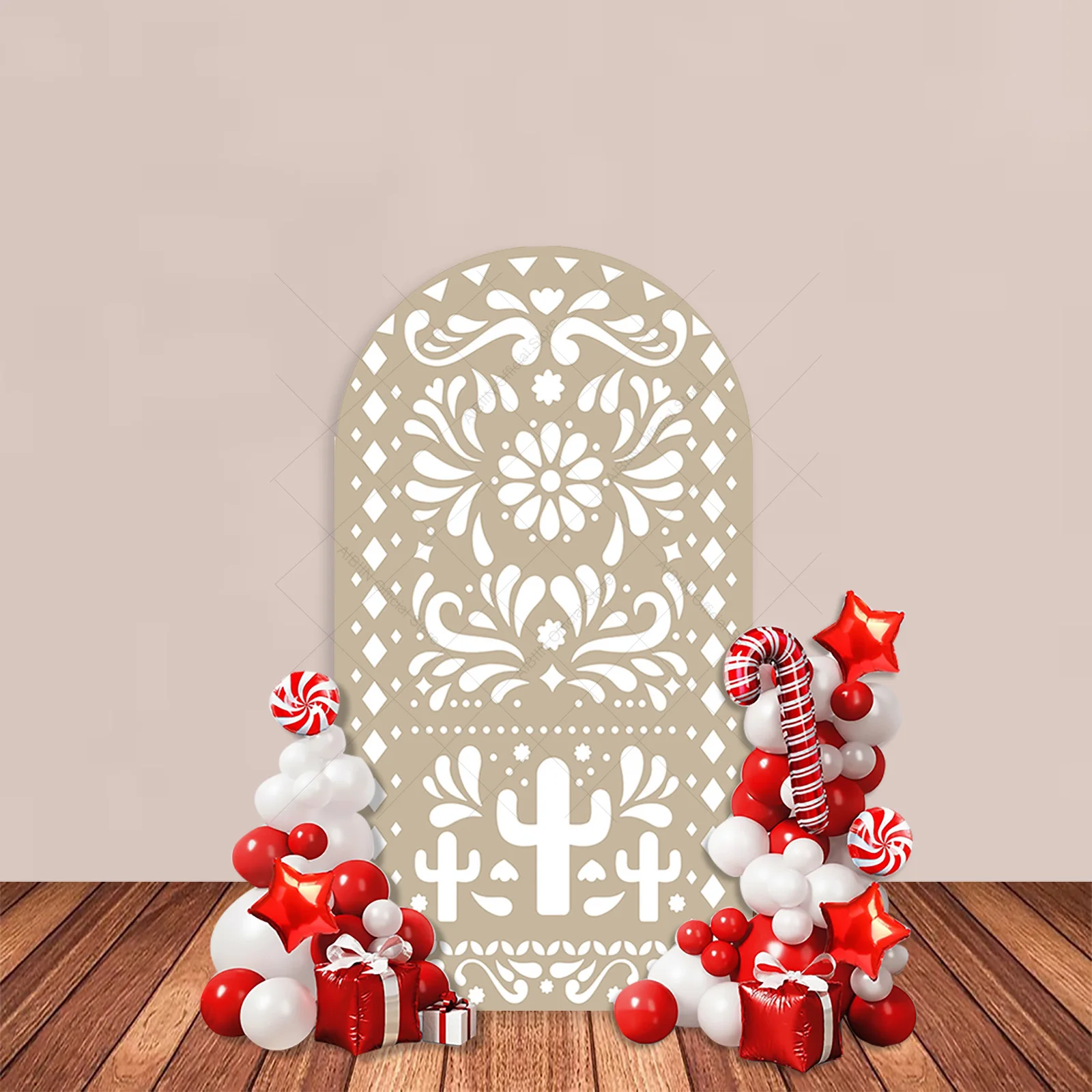 Коричневый бежевый красный Cielito Lindo арочный фон с мексиканским цветком кактуса