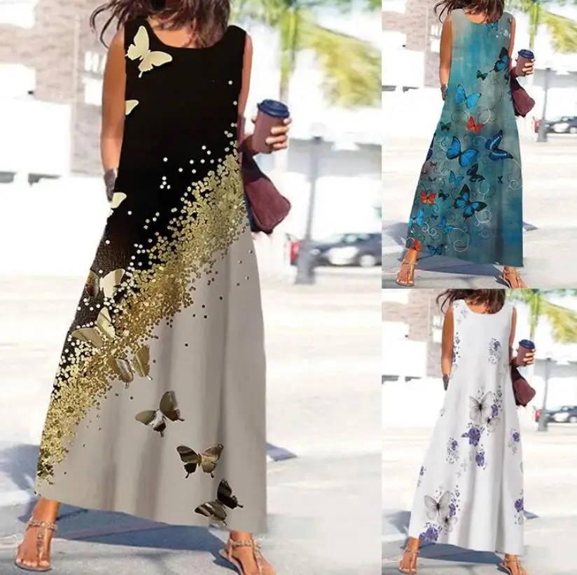 

Summer 2022 Street Sleeveless Round Neck Butterfly Print Loose Mid Dress