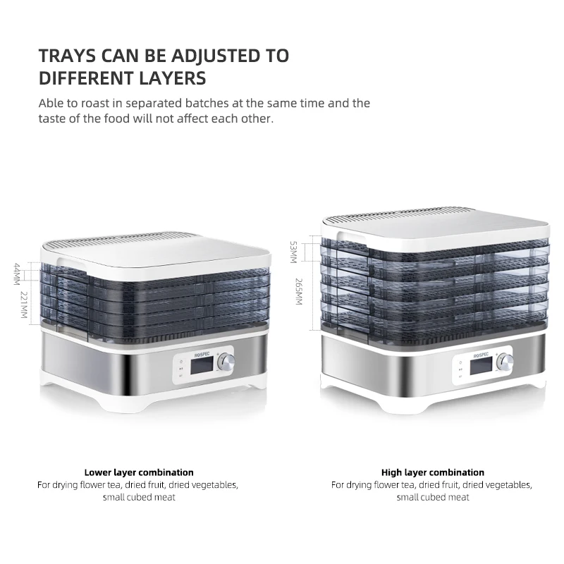 ROSPEC BPA FREE 5 Trays Food Dryer Dehydrator with Digital Timer and Temperature Beef Jerky Fruit Vegetable Meat |