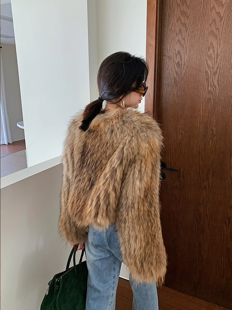 Ins Raccoon Fur Woven Real Fur Coats and Jackets Women Women's Ultra-short Winter New Real Fur Coat Women Streetwear Women