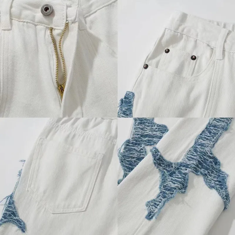 2022 Cool Design Patchwork White Cotton Men Baggy Jeans Pants Y2K Clothes Straight Hip Hop Punk Loose Denim Trousers Ropa Hombre