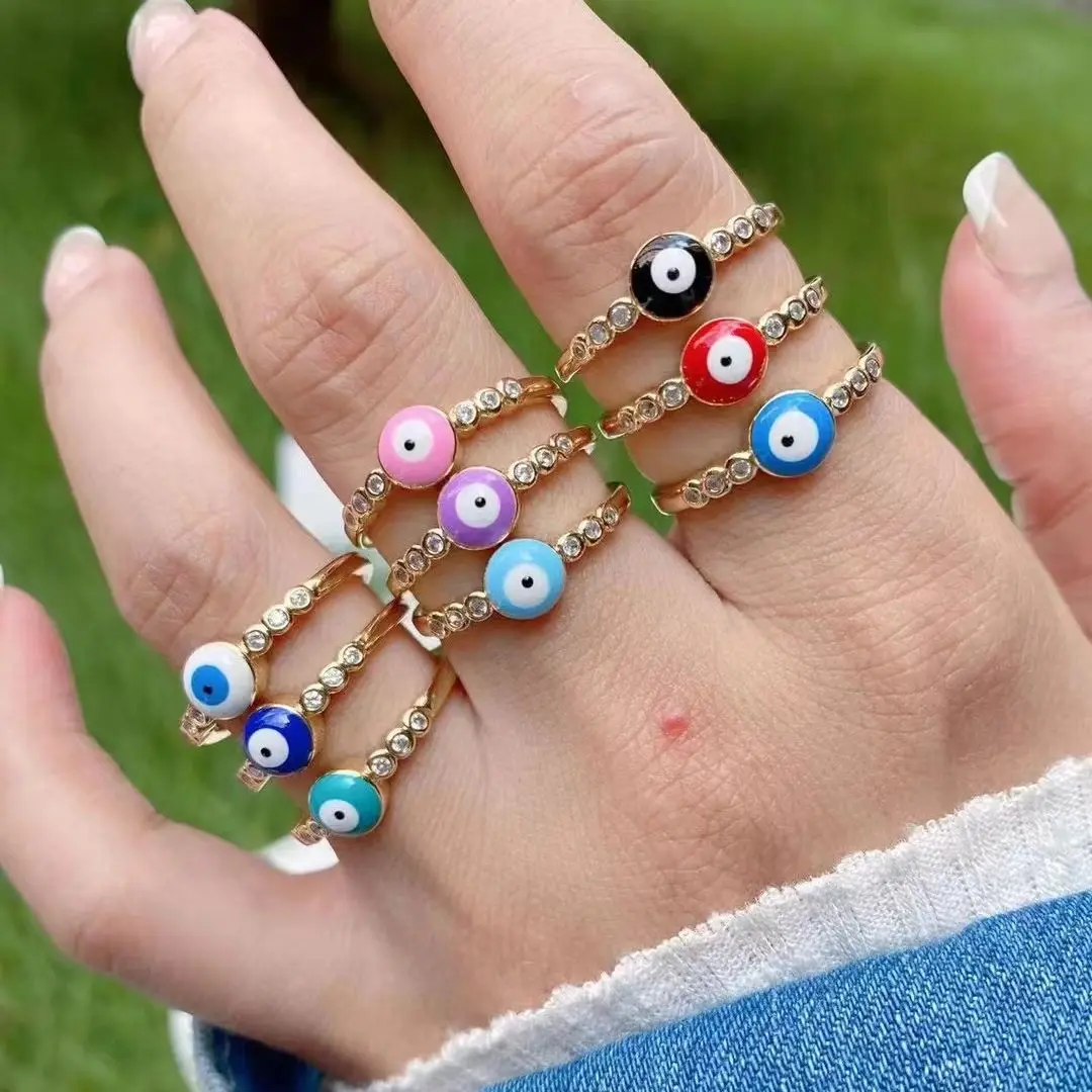 

10Pcs Trendy Lovely Daily Jewelry Multicolor Enamel Eye Rings Gold Color Eyes Vintage Open Rings for Girls