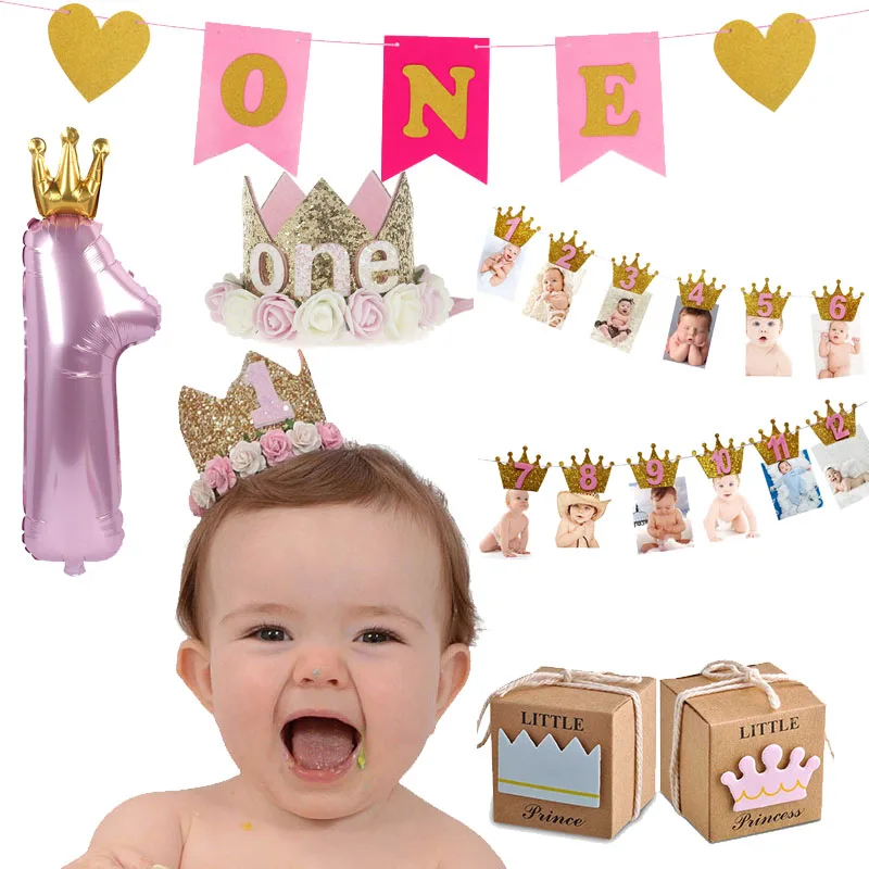 

Boy Girl Baby 1st Birthday Party Decorations One Year Old Crown Baby First Birthday Balloon Garland Baby Shower Party Supplies