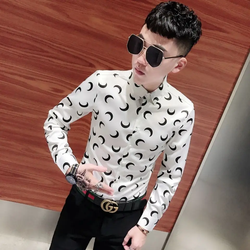 Men's long sleeve printed shirt spring and autumn new handsome fashion Korean slim shirt