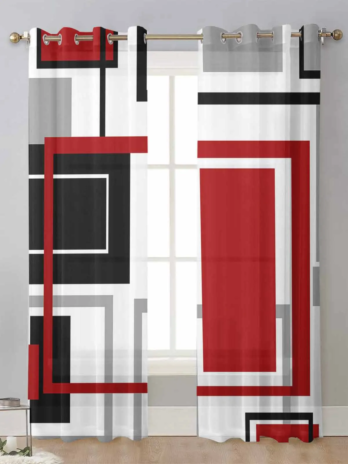 

Abstract Geometry Squares Modern Art Red Sheer Curtains For Living Room Window Voile Tulle Curtain Cortinas Drapes Home Decor