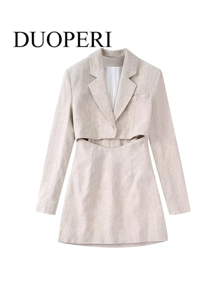 

DUOPERI Women Fashion Hollow Out Single Button Coat Dress Vintage Notched Neck Long Sleeve Female Chic Mini Dresses Outfits