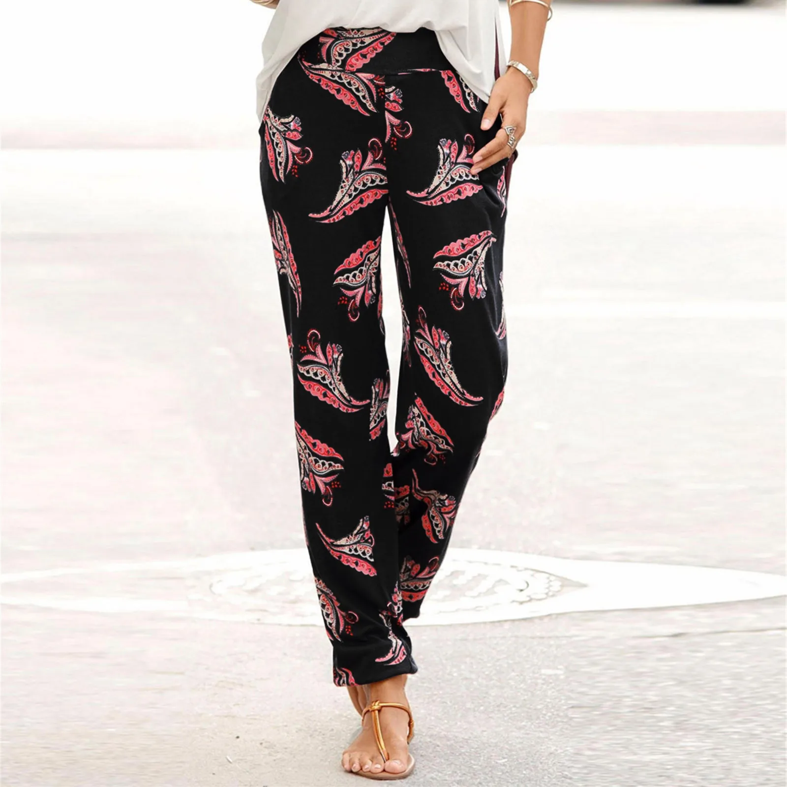 

New Printing Harem Women Pants Casual Beach Women Elastic High Waist Trousers Long Pants Boho Easy Pockets Pants Fashion