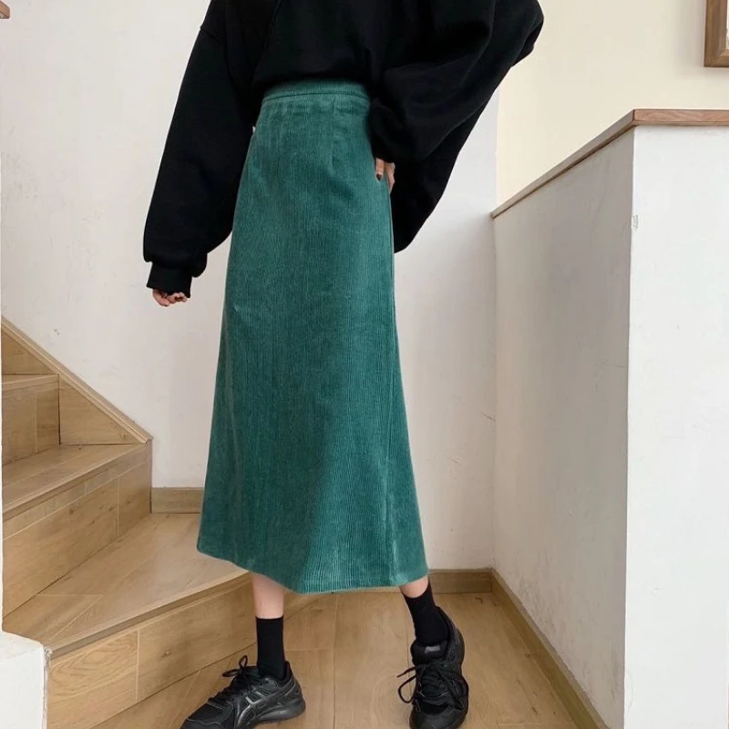 

Women Solid Corduroy Skirts Vintage A-line High Waist Teenagers All-match Korean Style Midi Leisure Back-slit Females