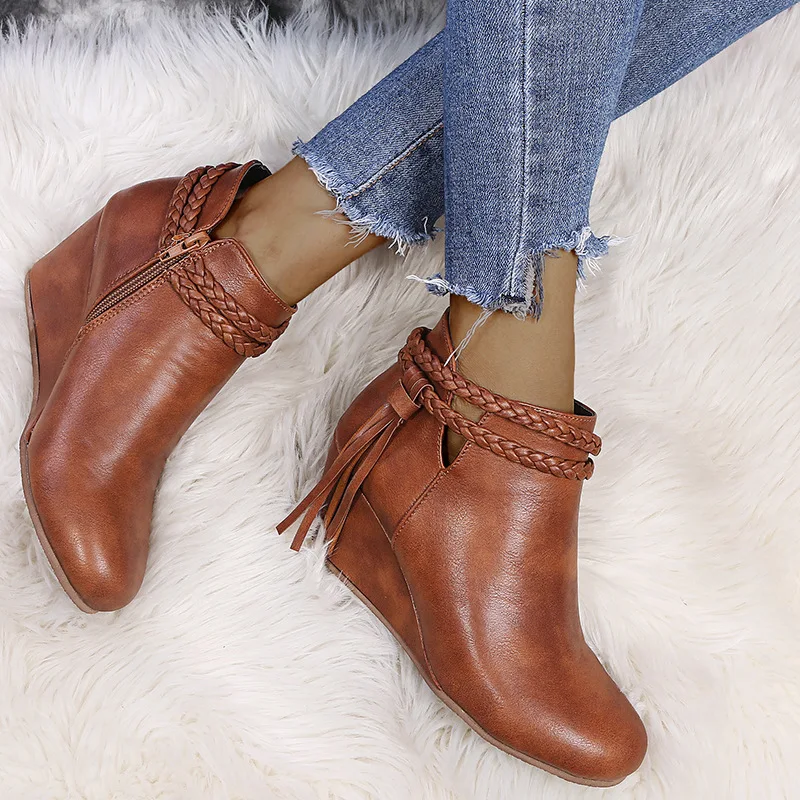 

Vintage Women's Platform Boots Fringe Wedge Boots Women's Solid Color Short Boots Outdoor Casual Women's Shoes Zapatos De Mujer