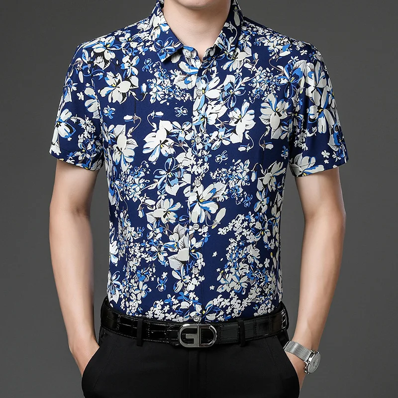 

Summer Silky Cool Thin Floral 3D Print Short Sleeve Shirts For Men High-Quality Smooth Comfortabl Casual Luxury Camisa Masculina