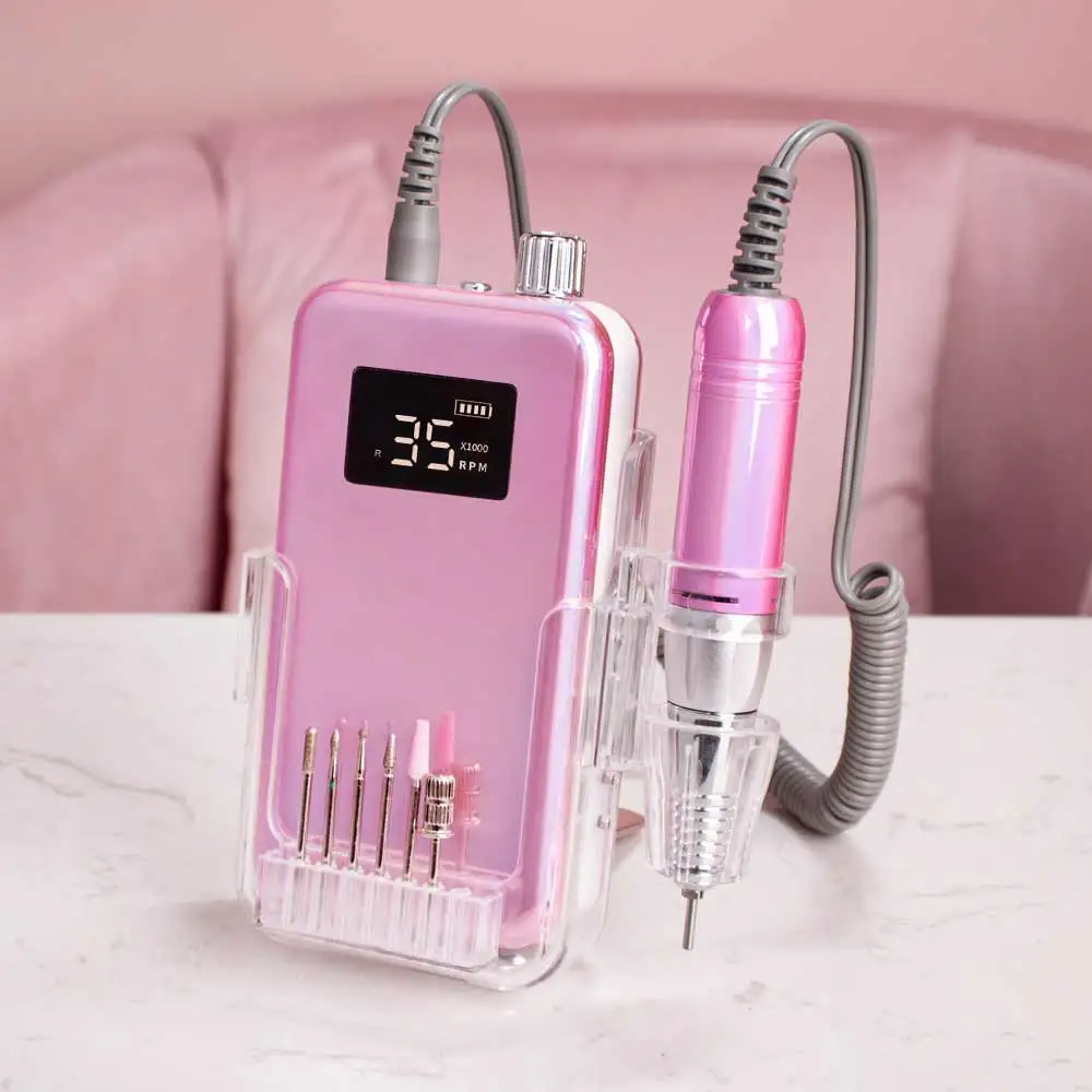 Small Display 35000RPM Portable Nail Drill with Desktop Base Cordless Battery Drilling Machine Pink Handle Wireless 35000