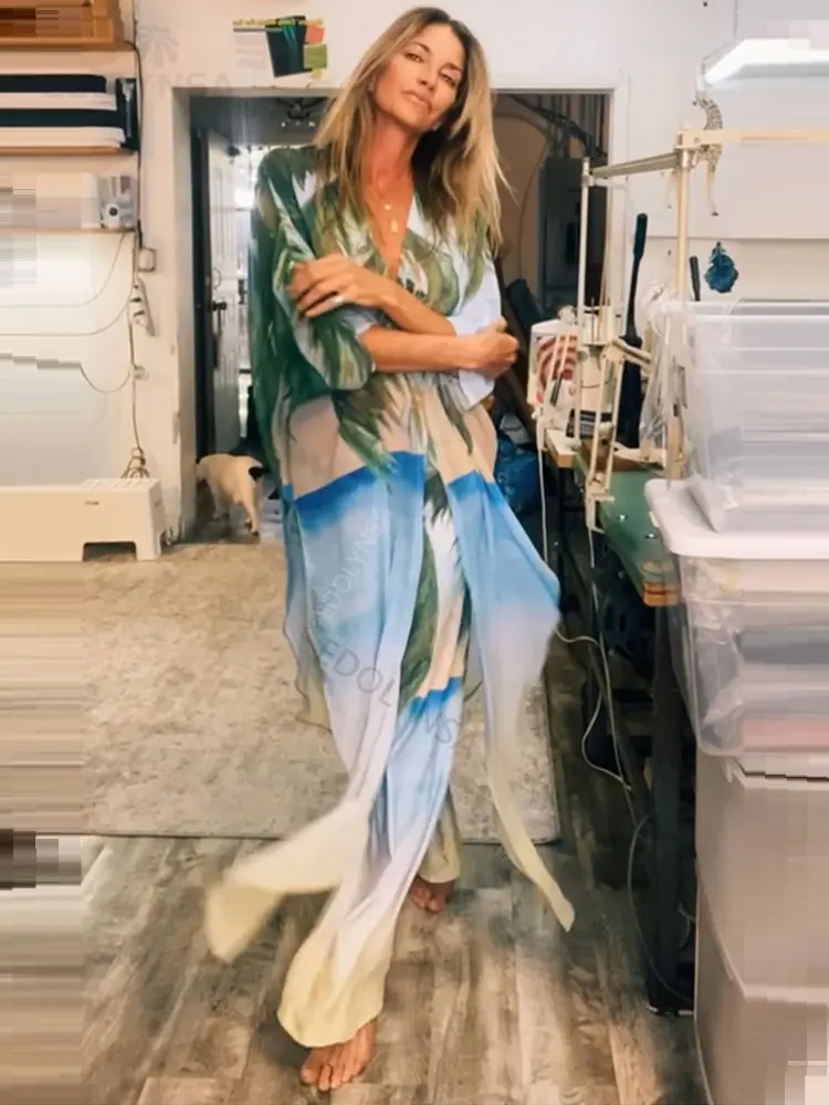 

Green Boho Printed Long Kimono Bathing Suit Cover-ups Sexy Bikini Cover-ups Women Clothes Beach Wear Swim Suit Cover Up A1396