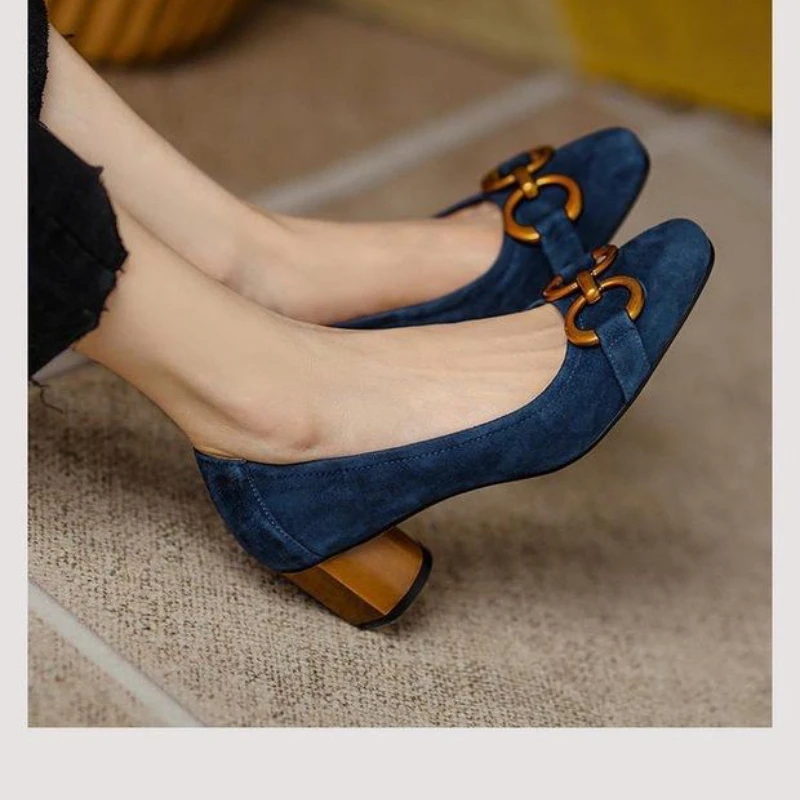 

2022 New Women's Blue Square Toe Pumps Spring and Summer Women's Shoes High Heels Metal Thick Heel Solid Color Women's Sandals