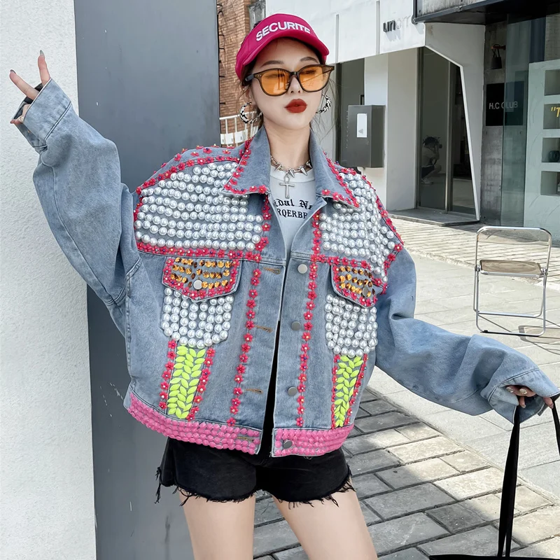 

Hand-work Beaded Diamond Flower Blue Short Denim Jacket Spring New Women Turndown Collar Long Sleeve Loose Casual Cowboy Outwear