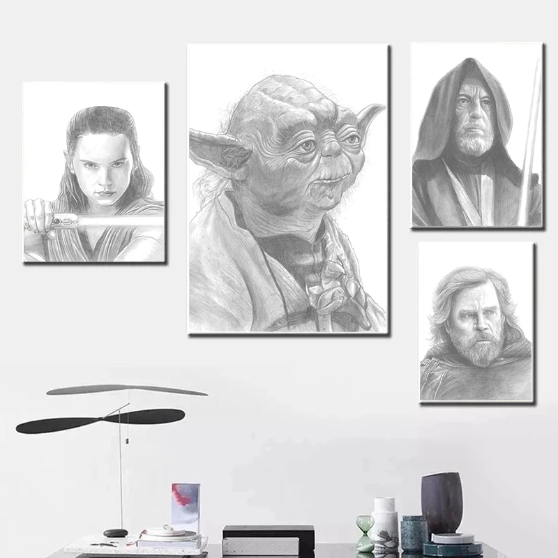 

Disney Star Wars Jedi Portrait Poster and Print Black and White Canvas Painting Wall Art Picture Living Room Bedroom Home Decor