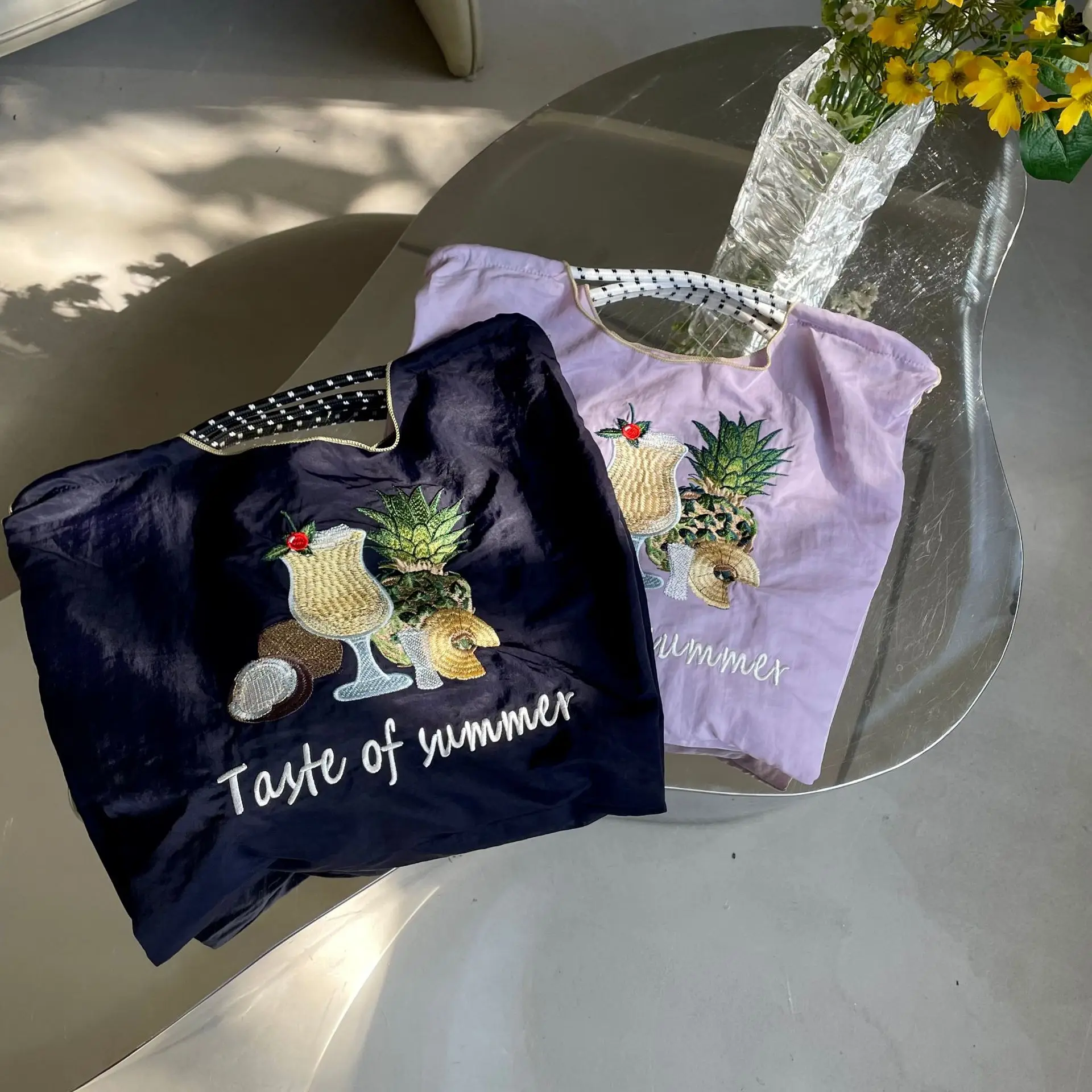 

Pineapple Juice Embroidery Eco Bag Nylon Shopper Shoulder Bag Fruit Pattern Tote Bags for Women Rope Handle Handbag Hobo Bags