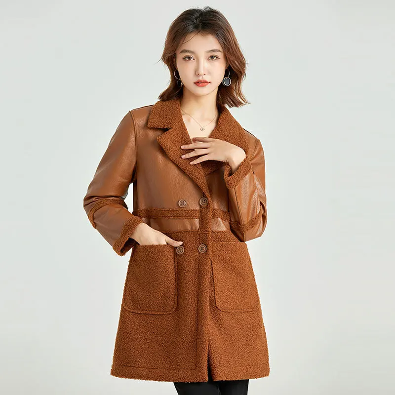 Women Faux Lambskin Leather Coats Plus Size Winter Overcoat Windbreaker Outerwear Plus Velvet Thickened Wool Fur Jacket Ladies