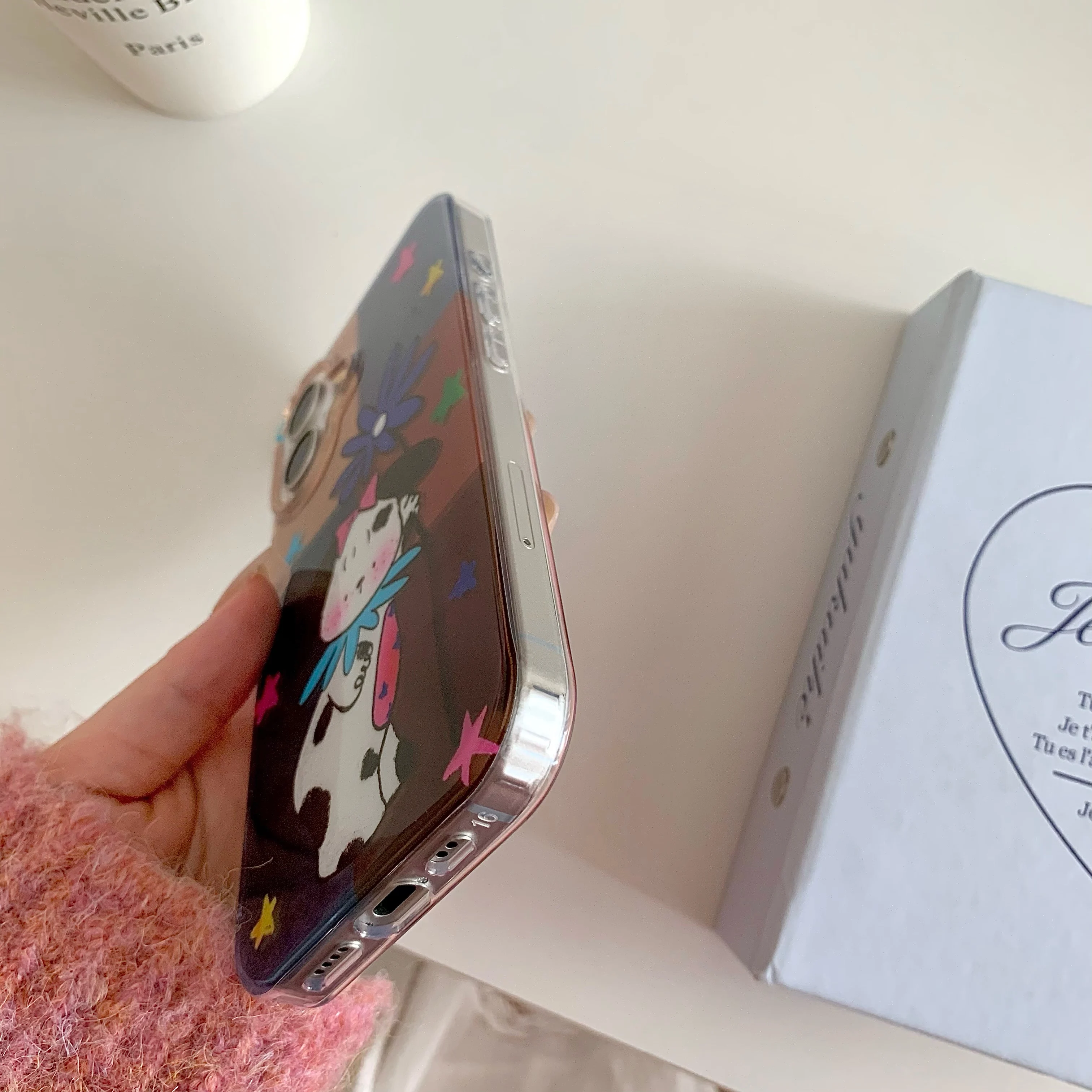 Cartoon INS Ripple Texture Double Layer Dog Splicing Checkers Phone Case for iPhone 16 15 14 13 Pro Max Back Cover Capa