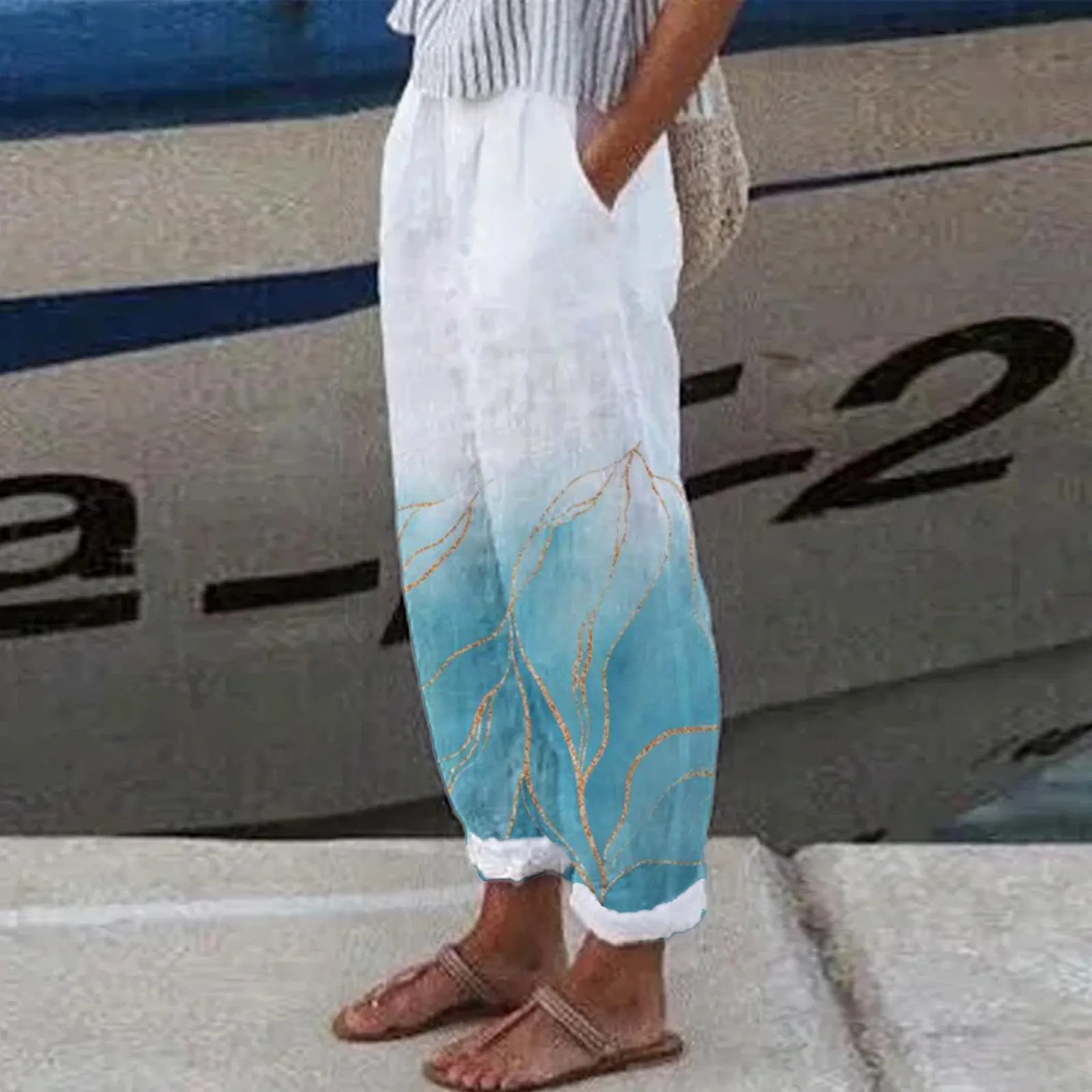 

Cotton Linen Elegant Summer Women Pants Floral Print Straight Pants Elastic High Waist Pants Loose With Pockets Wide Leg Pants