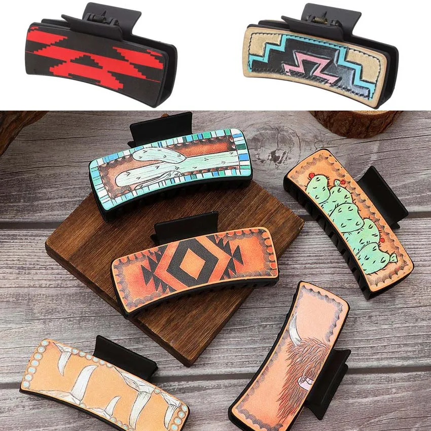 Западные ацтекские кожаные заколки для волос женщин Highland крупный рогатого скота