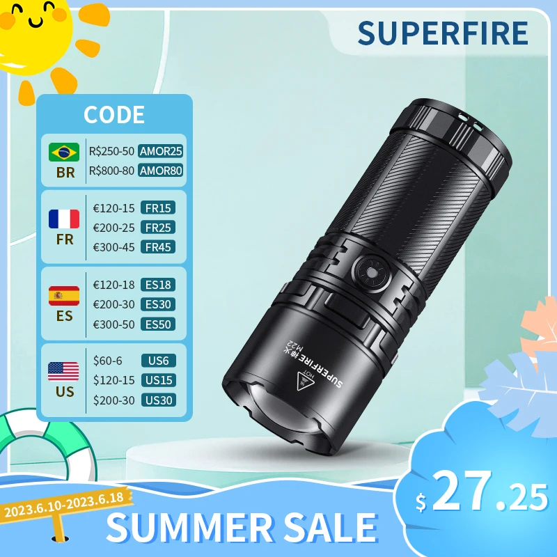 

SuperFire 400M powerful long range flashlight 36W led lamps M22 Telescopic Zoom torch Type-c rechargeable 8000mAh Battery