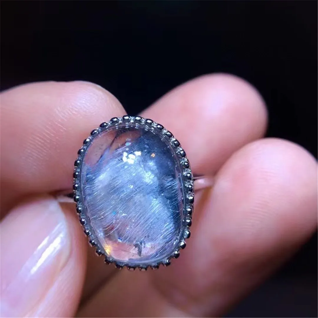 

Natural Silver Brookite Platinum Rutilated Quartz Ring 925 Silver Jewelry For Woman Man Crystal 15x10mm Beads Adjustable AAAAA