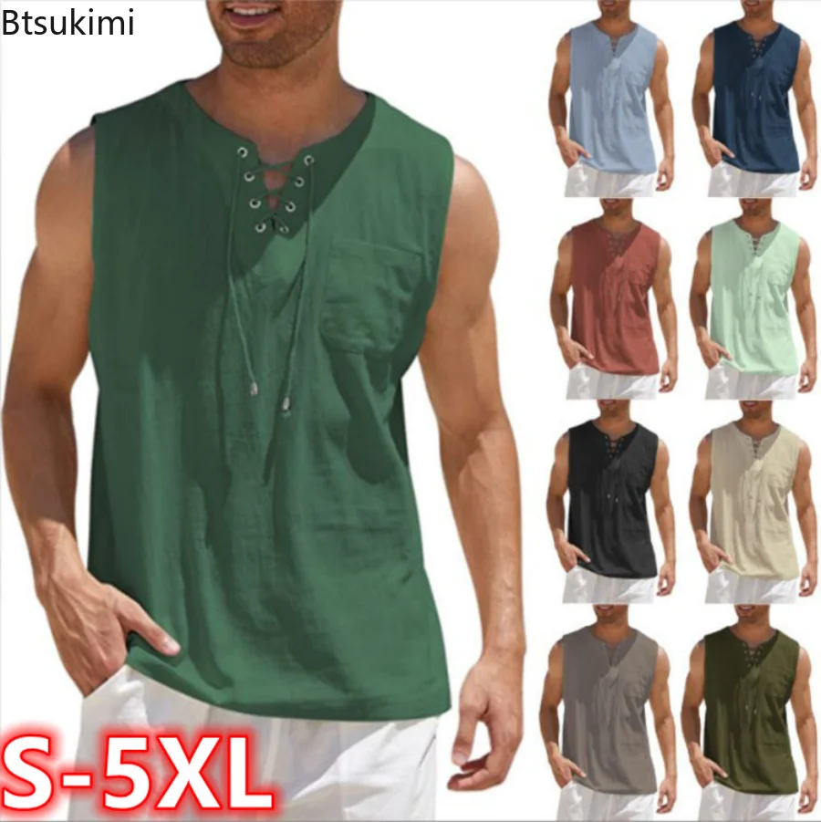 

Plus Size 4XL 5XL Cotton Linen Tank Top Men Drawstring V Neck Sleeveless Shirts Summer Casual Shirt Gym Fitness Vest Tops 2023