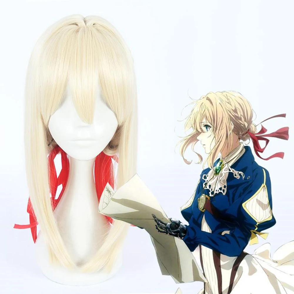 

AICKER Violet Evergarden Cosplay Wig Synthetic Hair Braided With Bangs Red Ribbon Light Blonde for Girl Cos Heat Resistant Fiber