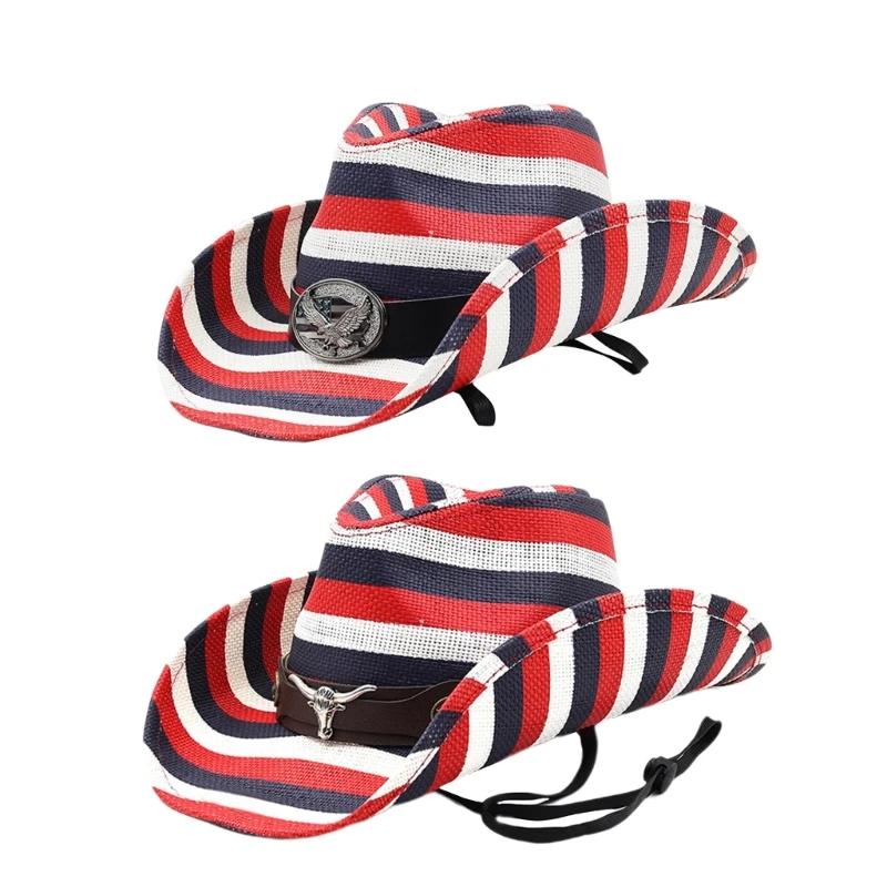 

Легкая полосатая шляпа с принтом для женщин и мужчин, женская ковбойская шляпа, утолщенная шляпа в западном стиле, мужская