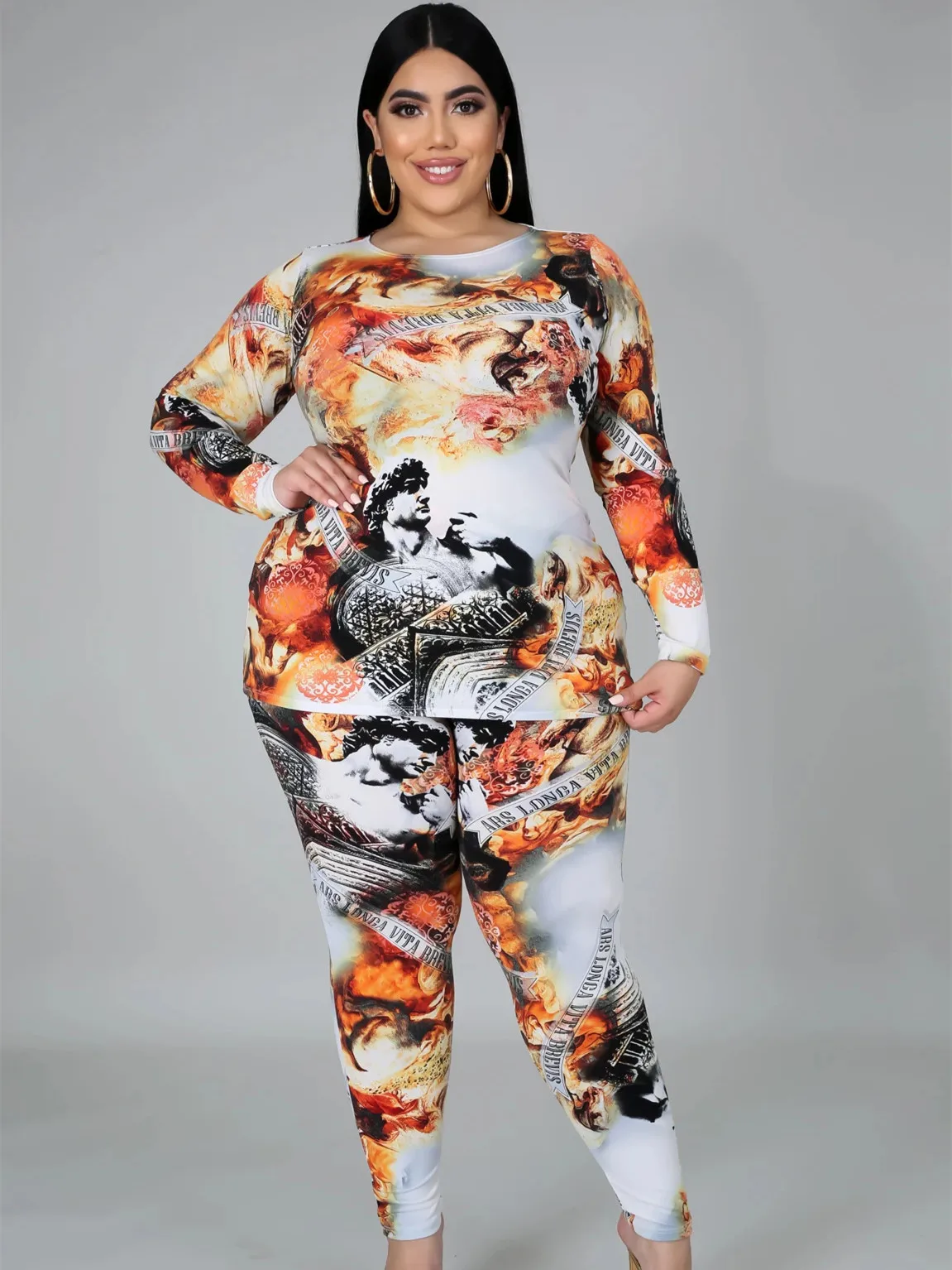 Plus Size Women's Clothing Sexy Featured Printed Long Sleeve Trousers Autumn Winter Casual Sports Ladies Suit L-5XL Oversized