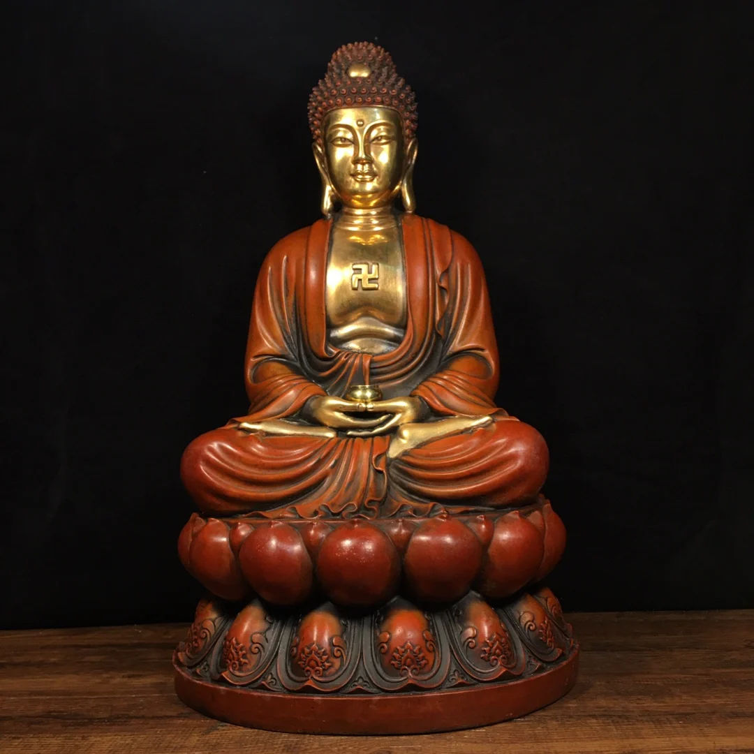 

16" Tibetan Temple Collection old bronze Gilt real gold silver Amitabha Shakyamuni lotus platform worship buddha Town house