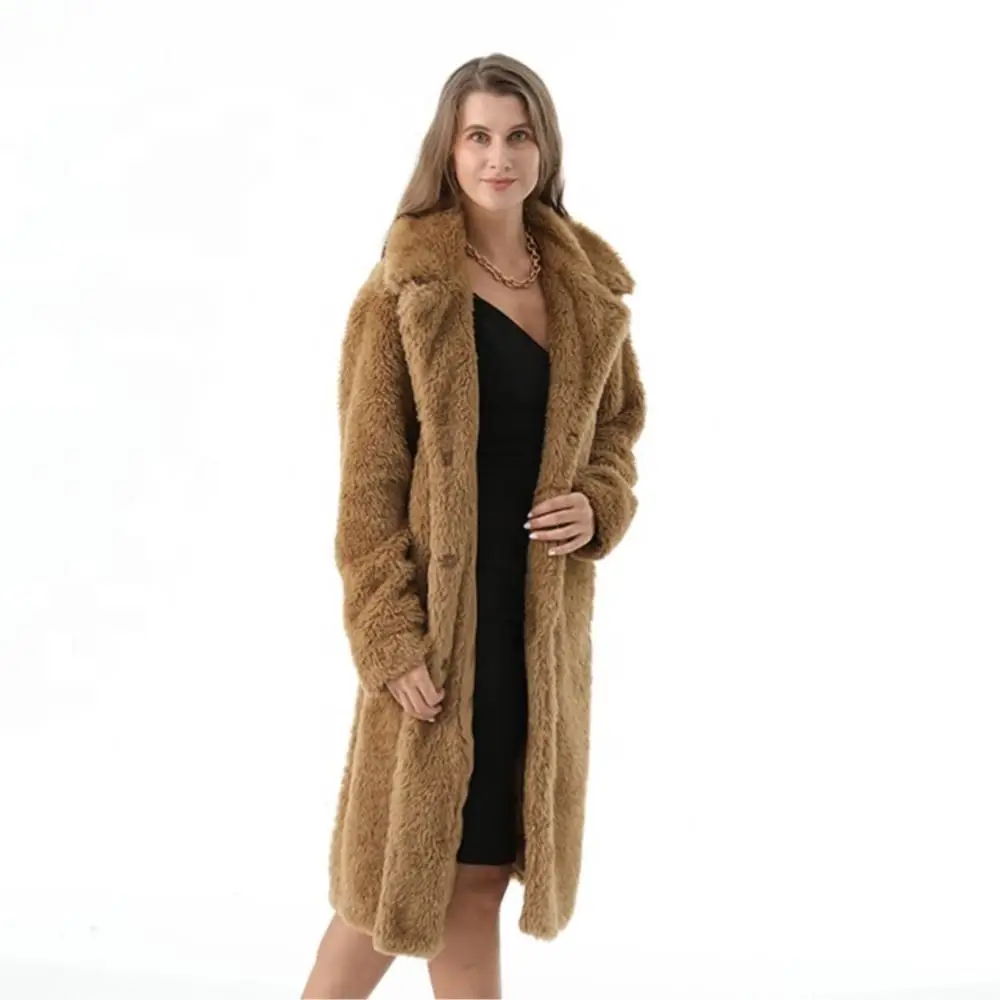 Women Winter Real Fur Long Fluffy Coat Single Breasted Lapel Pure Color Windbreaker Teddy Fleece Fashion Elegant Women Coat