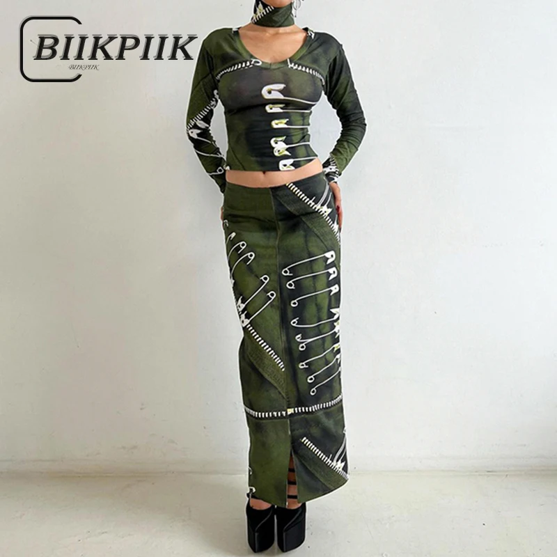 

Женский костюм BIIKPIIK из двух предметов с принтом, повседневный укороченный Топ с длинным рукавом и длинная юбка с разрезом, Осенние винтажные костюмы в эстетическом стиле