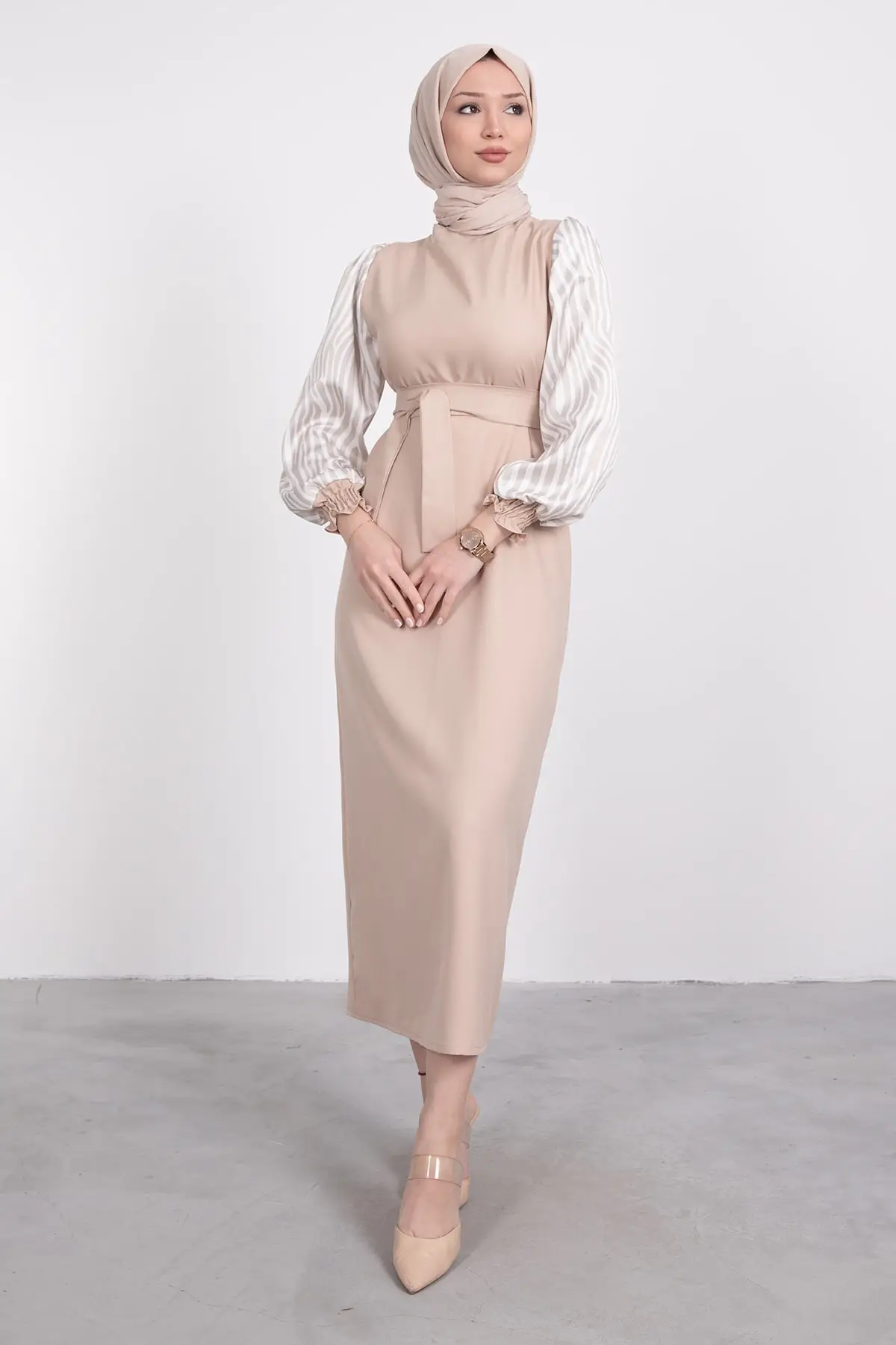 

Zebra Patterned Balloon Sleeve Hijab Dress Cream 2022 Fashion Islamic Style Muslim Fashion Women Dress Special Design