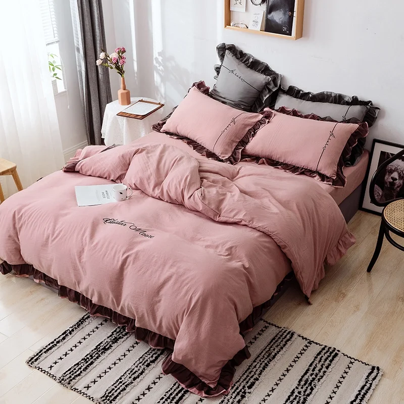 

Washed Cotton Bedding Four-piece Net Celebrity Princess Style Brushed Sheet Duvet Cover Single Three-piece Bed Sheet