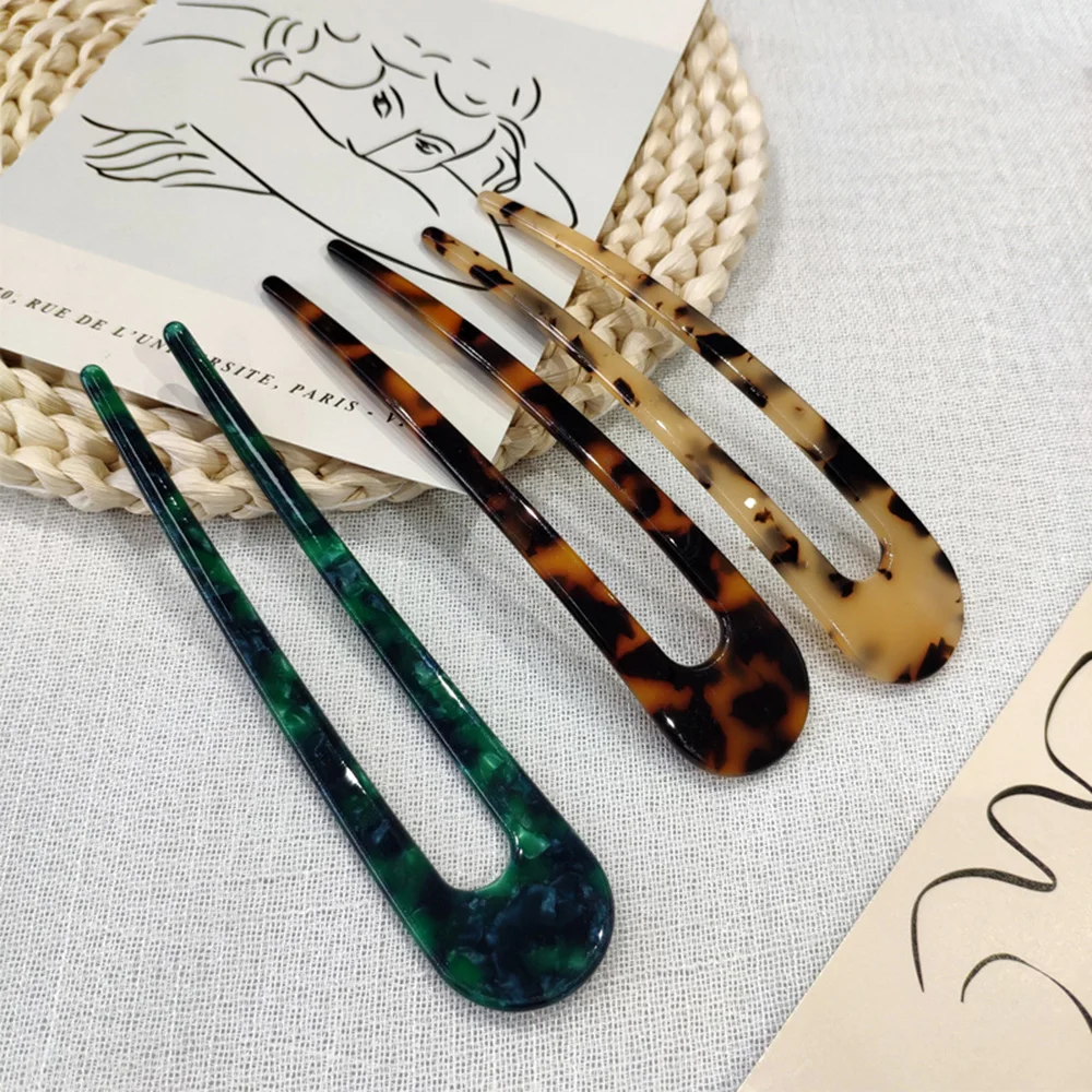 

2022 New Celluloid Acetate Hair Stick Fork Marble Leopard Print 2 Prong U-Shaped Hairpin Hair Accessories Headwear