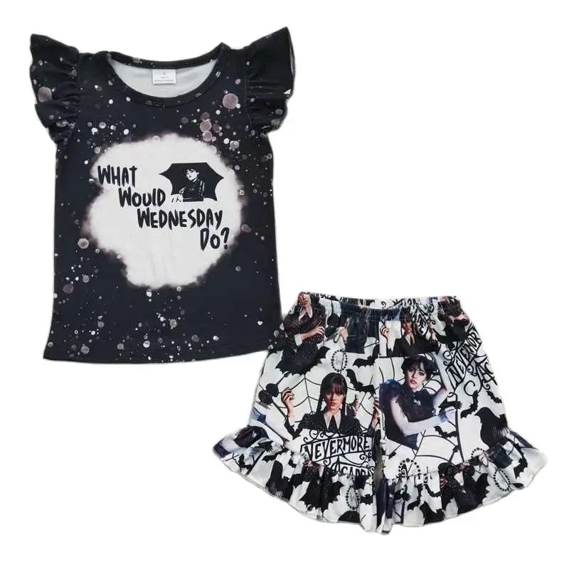 

2023 New Stylish Wednesday Outfits For Child Girls Fashion T-shirt Tops Bottoms Sets Kids Summer Casual Clothes Suits