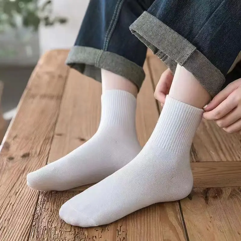 

10 Pcs=5 Pairs of Black And White Women's Mid-tube Spring And Summer Thin And Autumn Pure Cotton Stockings For Men Solid Color