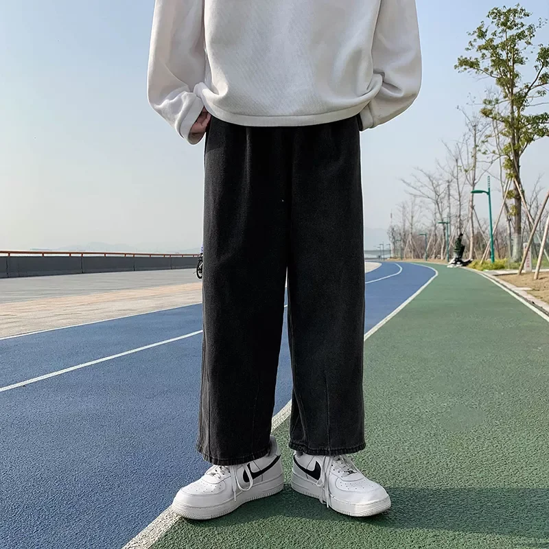 2022New Spring Autumn New Men's Baggy Black Jeans Korean Fashion Elastic Waist Design Straight-leg Denim Pants Male Brand Tr