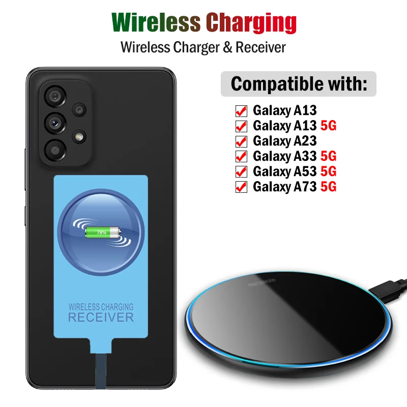 

Qi Wireless Charger & Receiver for Samsung Galaxy A13 A23 A33 A53 A73 5G Wireless Charging Adapter USB Type-C Connector
