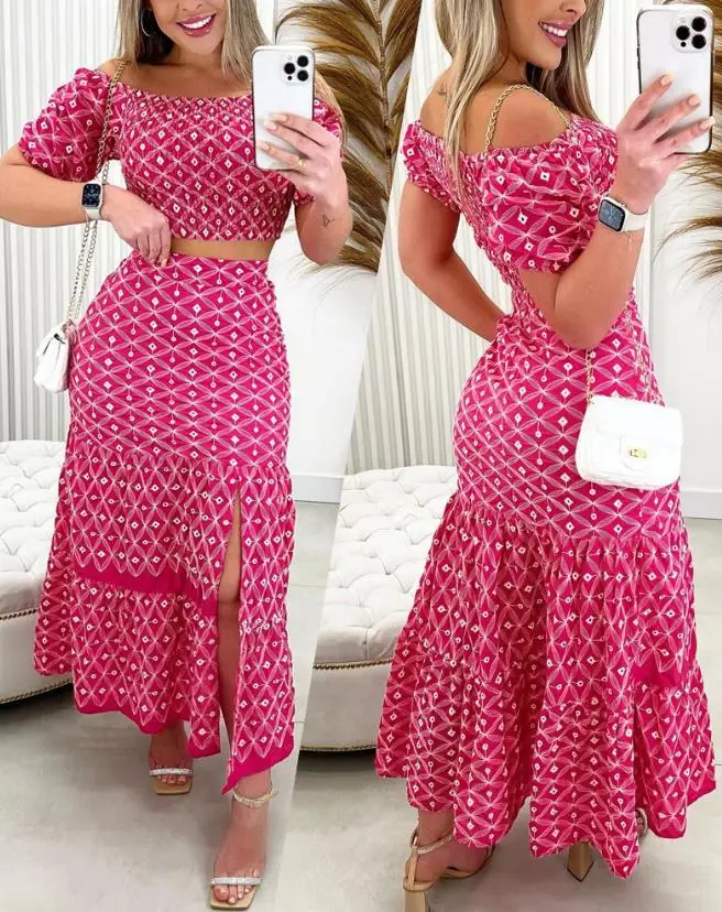 

Two Piece Set Women Outfit 2023 Fashion New Print Shirred Off Shoulder Top & Casual Vacation Slit Long Skirt Set Women's Suits