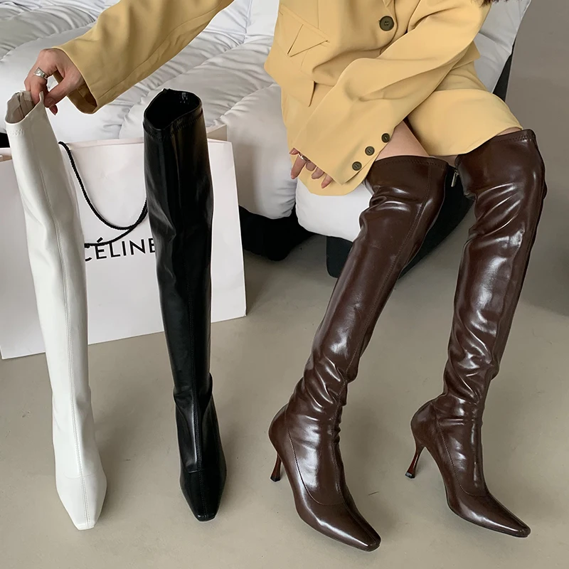 

Женские сапоги выше колена, повседневная обувь на тонком каблуке, вечерние осенние сапоги в западном стиле с острым носком, высокие сапоги, ...