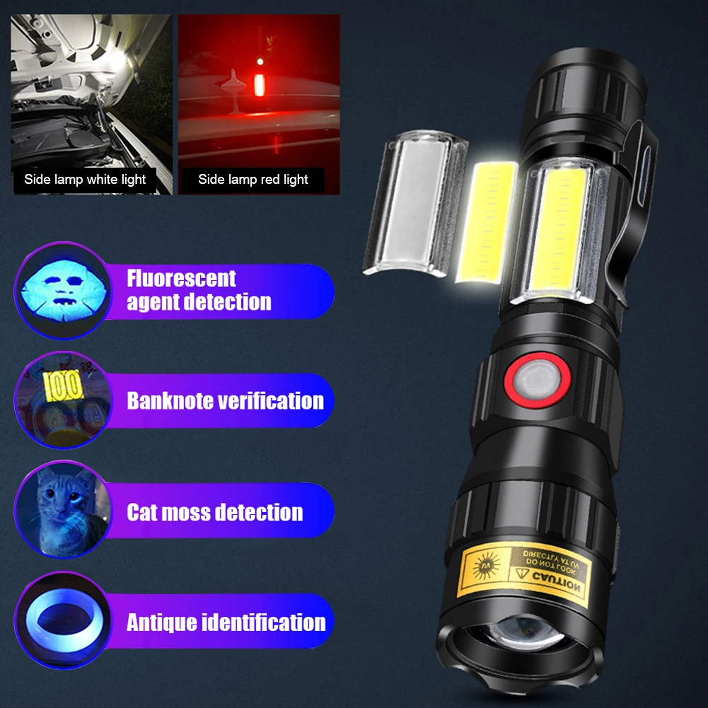 

Светодиодная УФ-лампа T6 + COB + 365 нм, портативный фонарь с USB-зарядкой, 7 режимов освещения для улицы, кемпинга, походов, путешествий