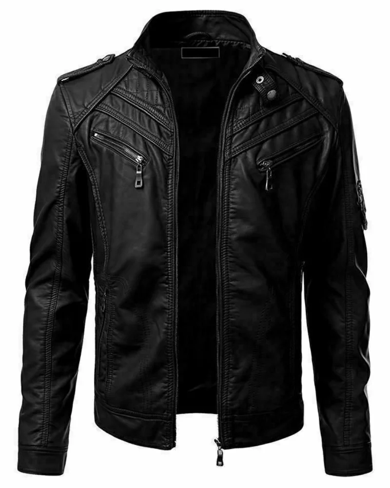 Men's Leather Jacket Retro Coffee Shop Racer Black Slim True Retro Motorcycle Jacket European and American Fashion Trend