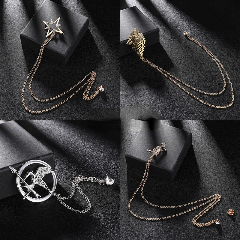 

Korean Rhinestones Guitar Brooch Men's Suit Collar Pin Long Taseel Chain Badge Groom Wedding Fashion Jewlery Accessories
