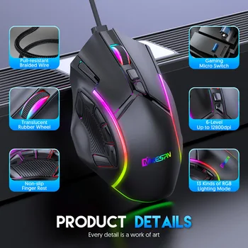 12800DPI Free Weight Macro RGB Gaming Mouse 12 Programmable Keys Game Mouse RGB Light Max to 6 levels For pc mac gun PUBG Laptop 5