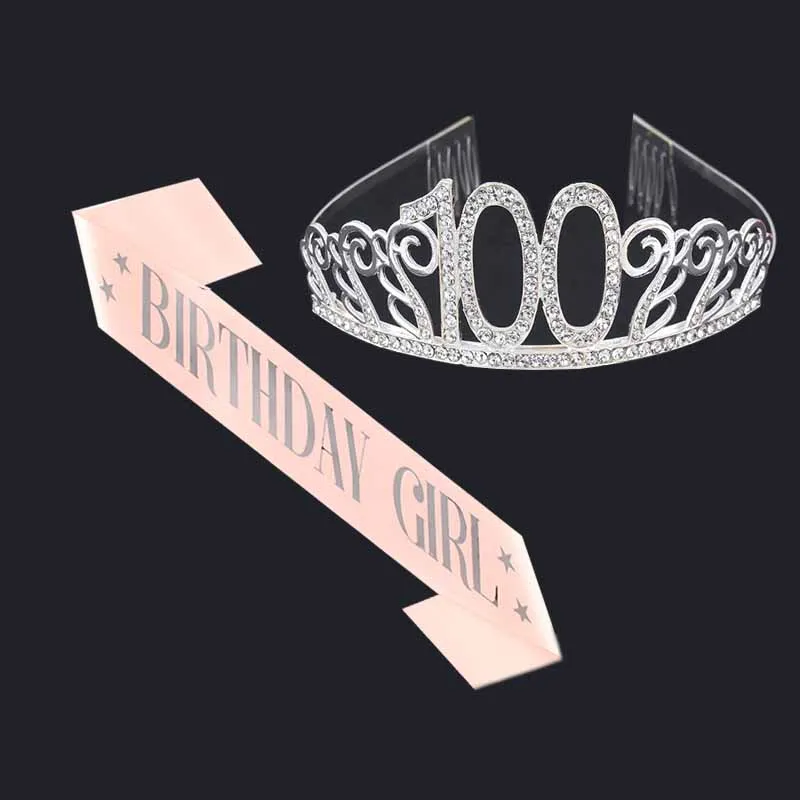 

Silvery Birthday Crown and Birthday Girl Sash Set for Women Girl, Rhinestone Metal Tiara- Adult Birthday Party Decorations